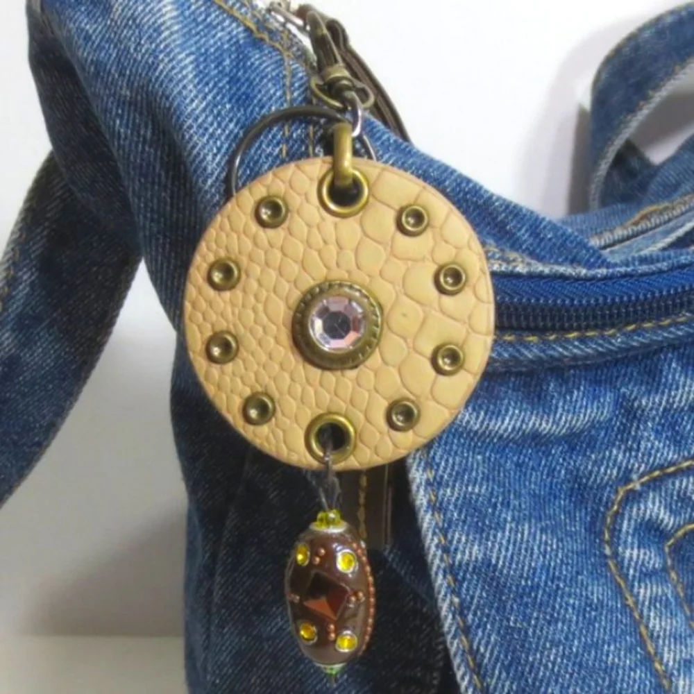 New Handmade Keychain Bag Charm Beaded Boho Faux Leather Rhinestone Swivel Clip